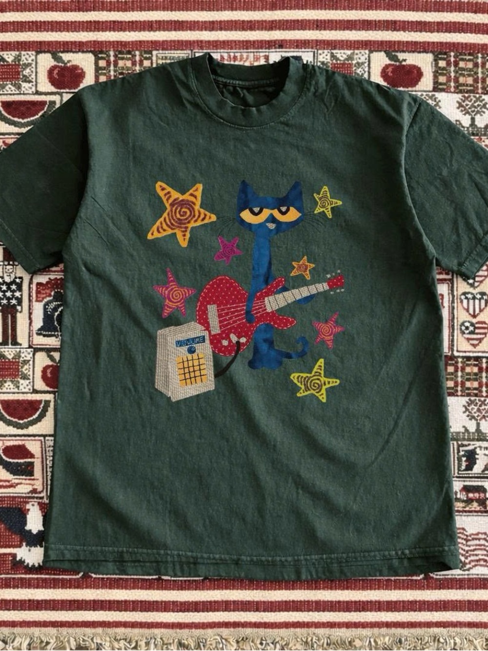 Green Graphic Tee with Cat and Guitar